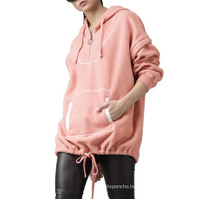 Fleece Polyester Pink Sweatshirt For Women 1/4 Zip Pullover Hoodie